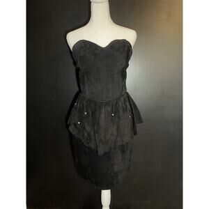 Lillie Rubin Black Genuine Suede Dress M Vintage 90s Bustier Peplum Rhinestone